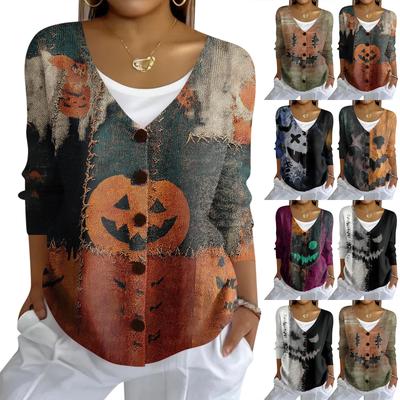 Женский модный повседневный вязаный свитер на пуговицах, кардиган-жакет с принтом на Хэллоуин