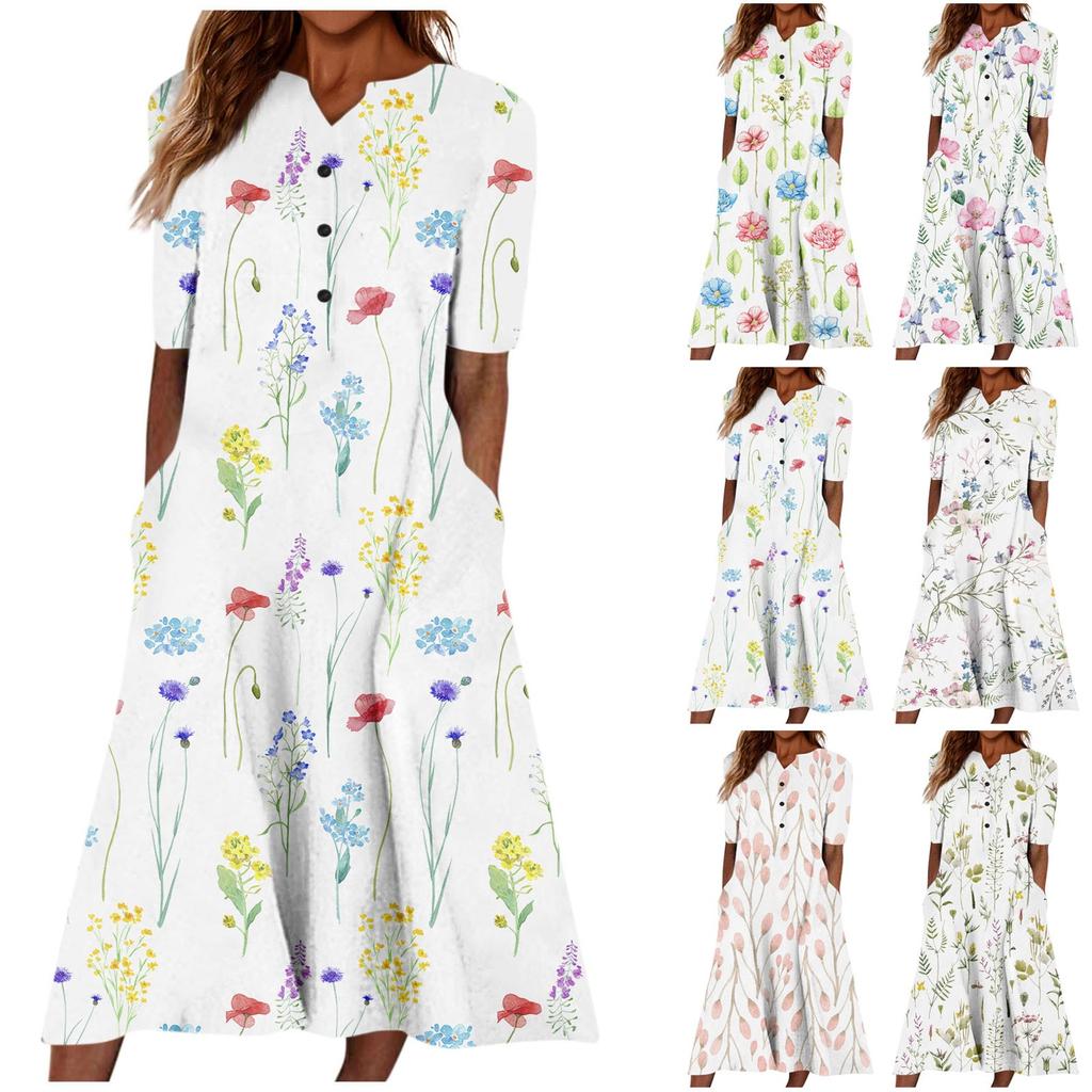 Women's Summer Casual Fashion Floral Printed Short Sleeve Button Pocket Dress
