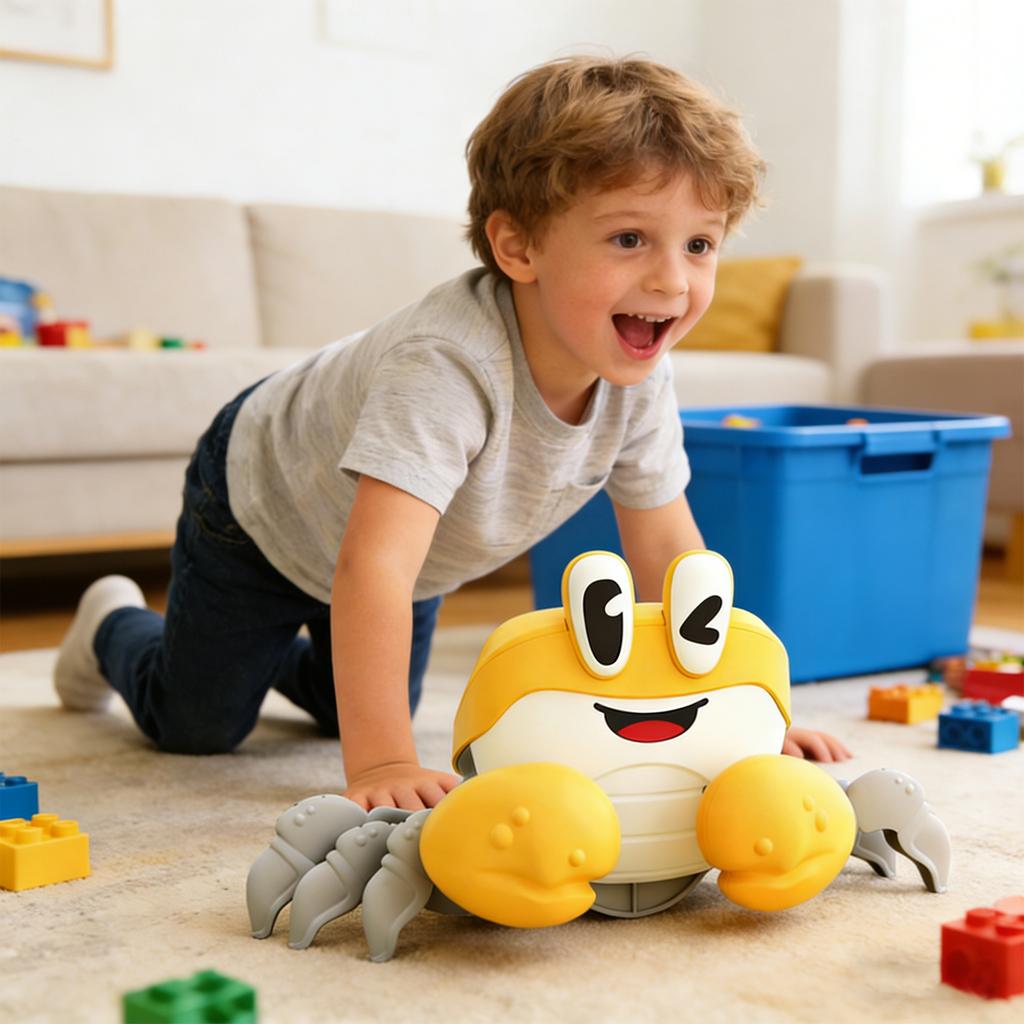 Электрическая игрушка «Убегающий краб» для ползания, ходьбы и обхода препятствий. Звуковая и световая игрушка.