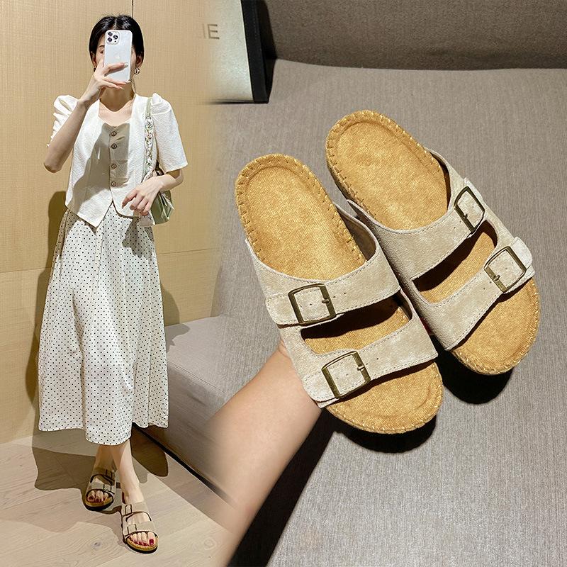 Модные шлепанцы из натуральной кожи и пробки, женская обувь, летние сандалии из коровьей замши с двумя пряжками, женские пляжные тапочки, женские шлепанцы