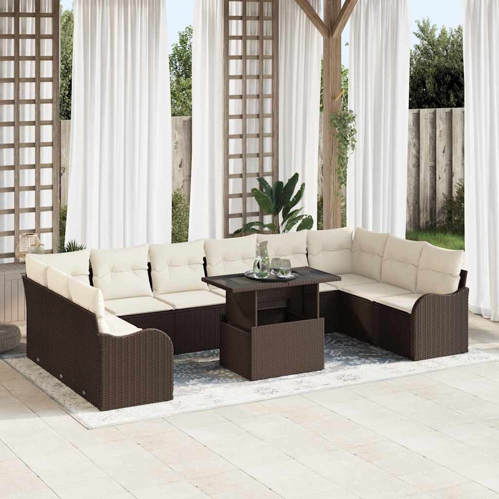 Garden Sofa Set with Cushions 11 pcs Brown Poly Rattan