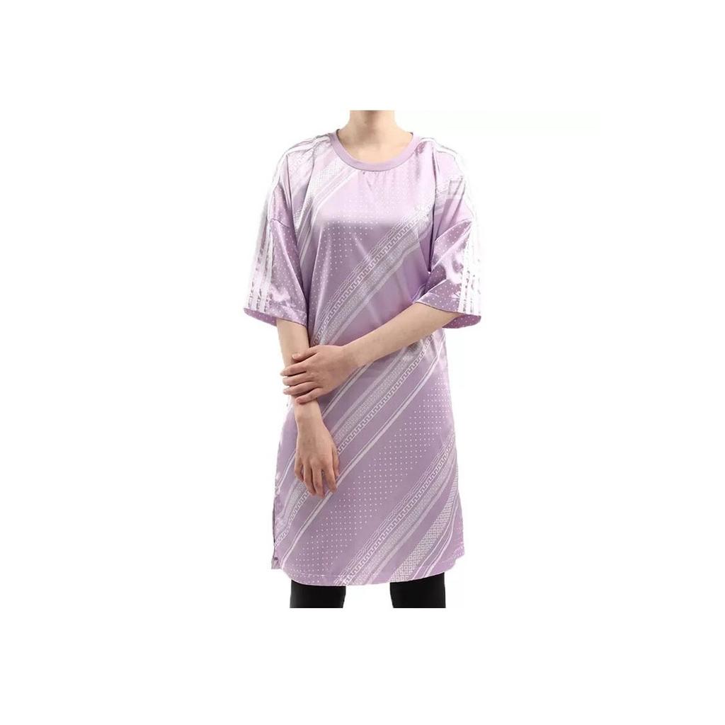 Adidas Оригинальное платье свободного кроя с принтом в полоску и трилистником, круглое, удобное, дышащее, повседневное, спортивное, с коротким рукавом, женские платья, фиолетовое, DV2638