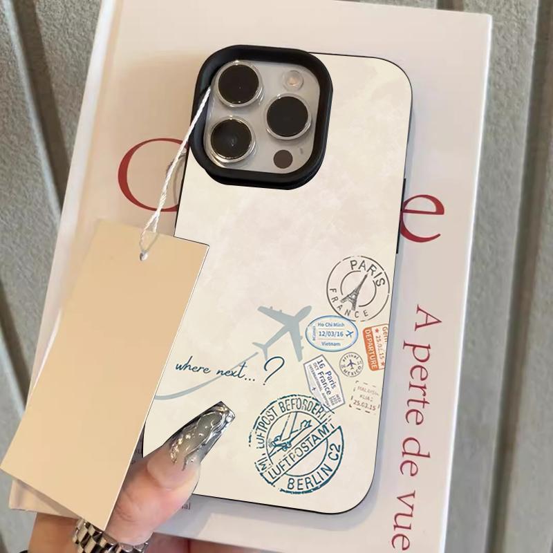 Кейс-штамп с картой мира для путешествий для iPhone 17 16 15 14 13 12 11 Pro Max Париж Берлин Авиабилет Самолет Эстетичный Жесткий Чехол