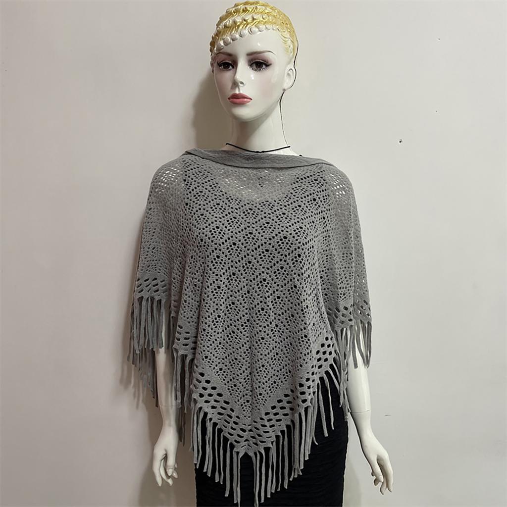 Women's Hollowed Knitted Triangular Scarf Imitation Cashmeres Soft Winter Shawl Wrap Neckerchief Blanket with Fringes
