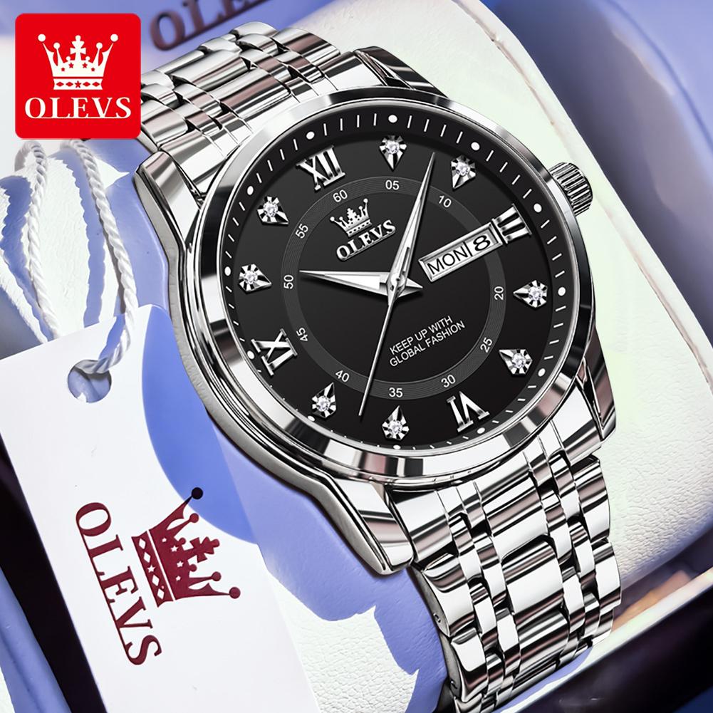 OLEVS 5513 Men's Quartz Watches Stainless Steel Strap Diamond Scale Dual Calendar Waterproof Luminous Men's Business Wristwatch