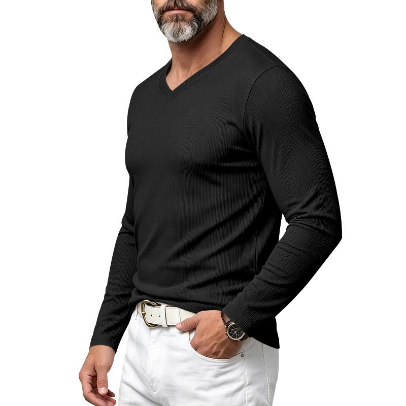 Men's V Neck Vertical Ribbed Long Sleeve T‑Shirt Elastic Slim Fit Basic Knit Tee Casual Daily Wear Male Pullover Tops