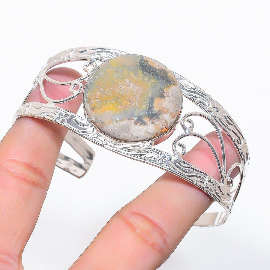 Натуральный камень яшма «Шмель» Браслет-манжета из стерлингового серебра 925 пробы Регулируемый AC-1330