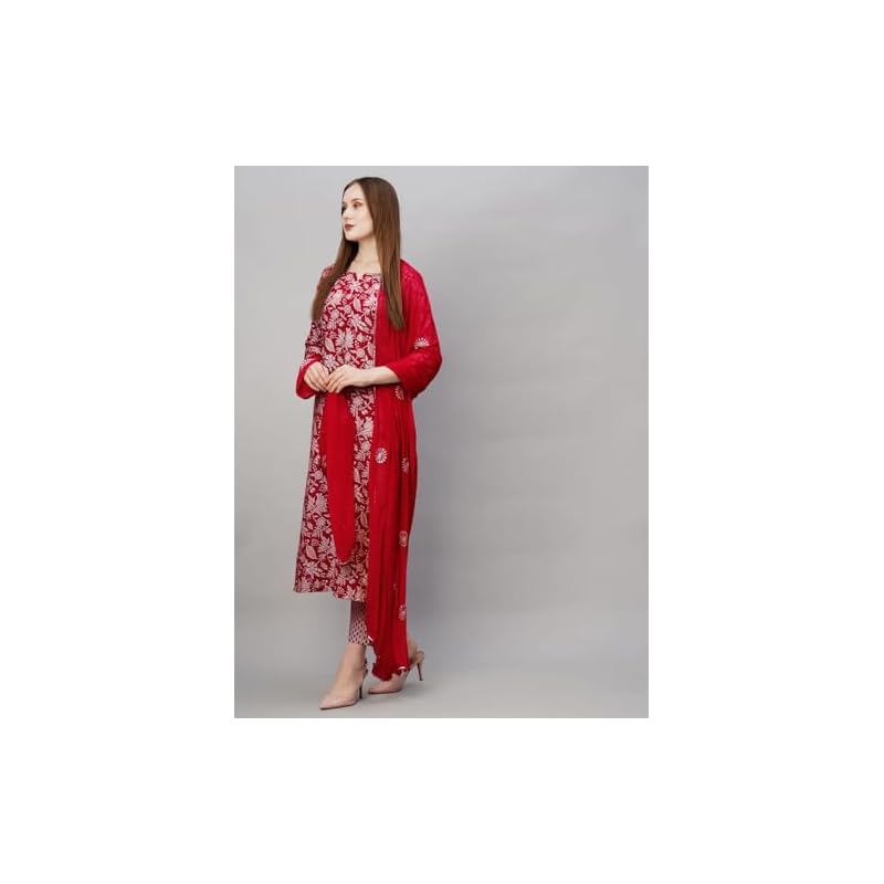 GoSriKi Women's Cotton Blend Straight Printed Kurta with Pant & Dupatta (MEI Red-GS_XL_Red_X-Large)