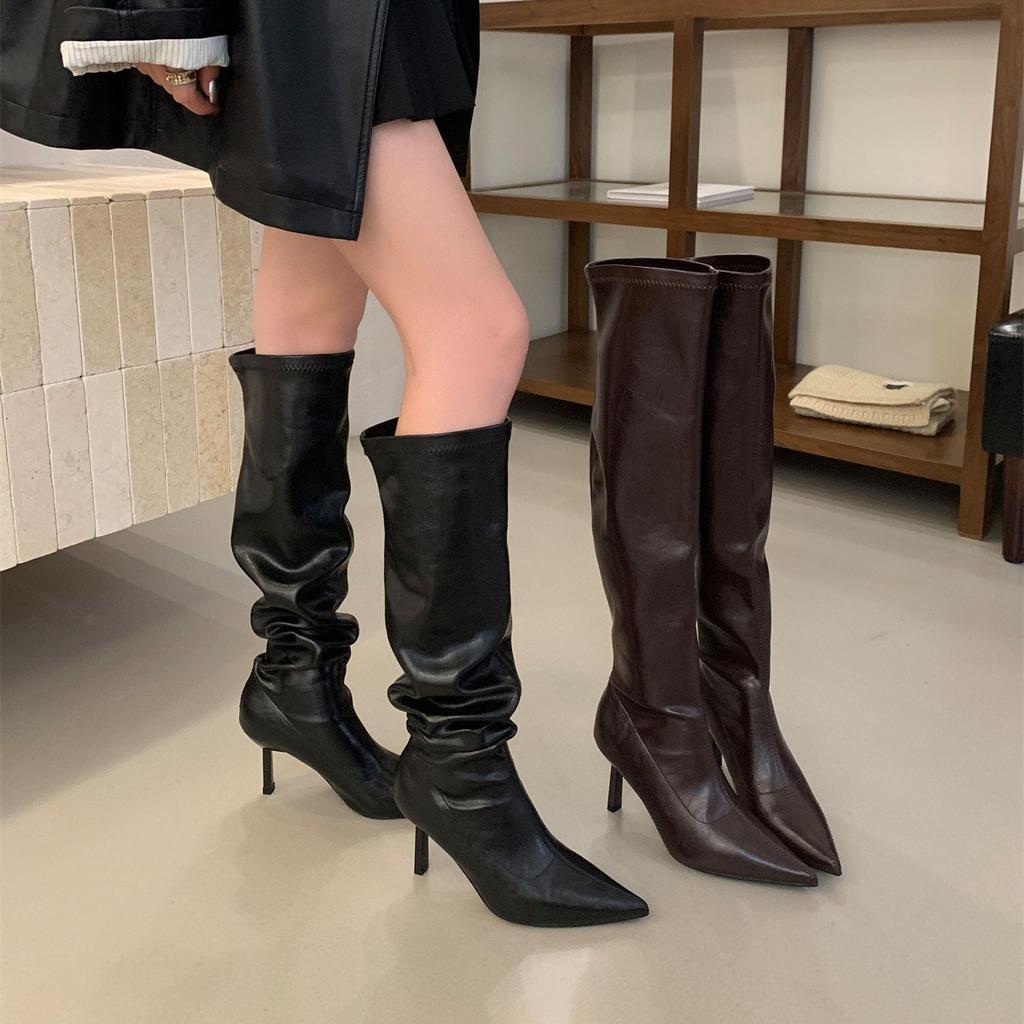 Коричневые ботфорты на высоком каблуке, женская обувь 2025, новые осенне-зимние остроносые облегающие рыцарские сапоги