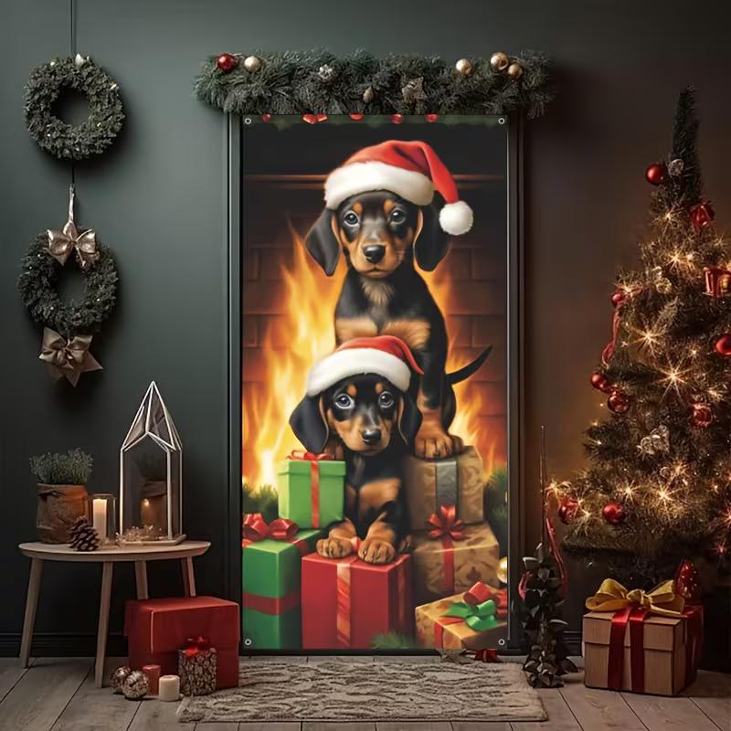 2D Новогодний Баннер на Дверь с Таксой, Милые Собаки с Подарками, Праздничный Фон