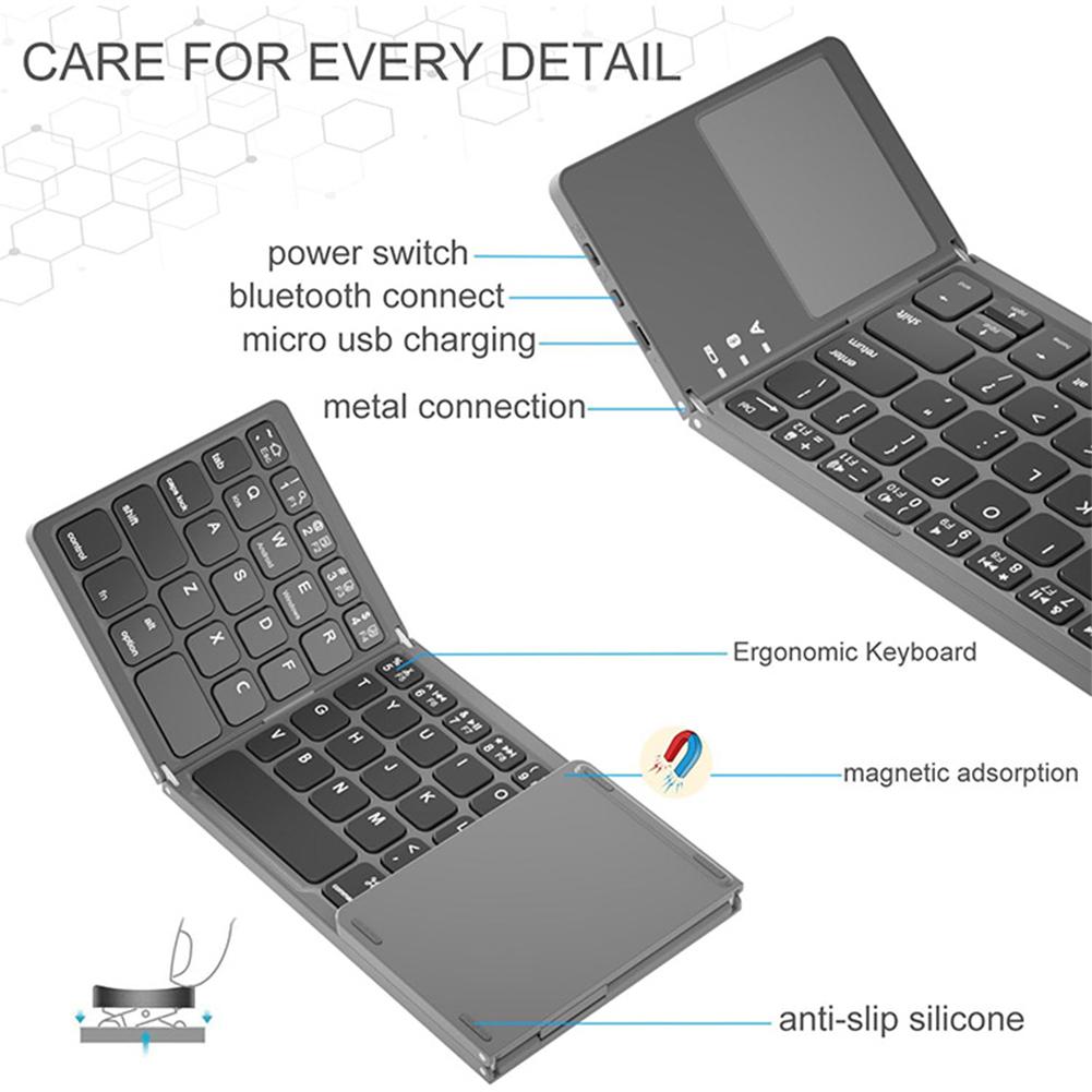 Foldable Bluetooth-Compatible Keyboard with Touchpad Rechargeable Wireless Folding Keyboard Tri-Folding for Android/IOS/Win/HMS