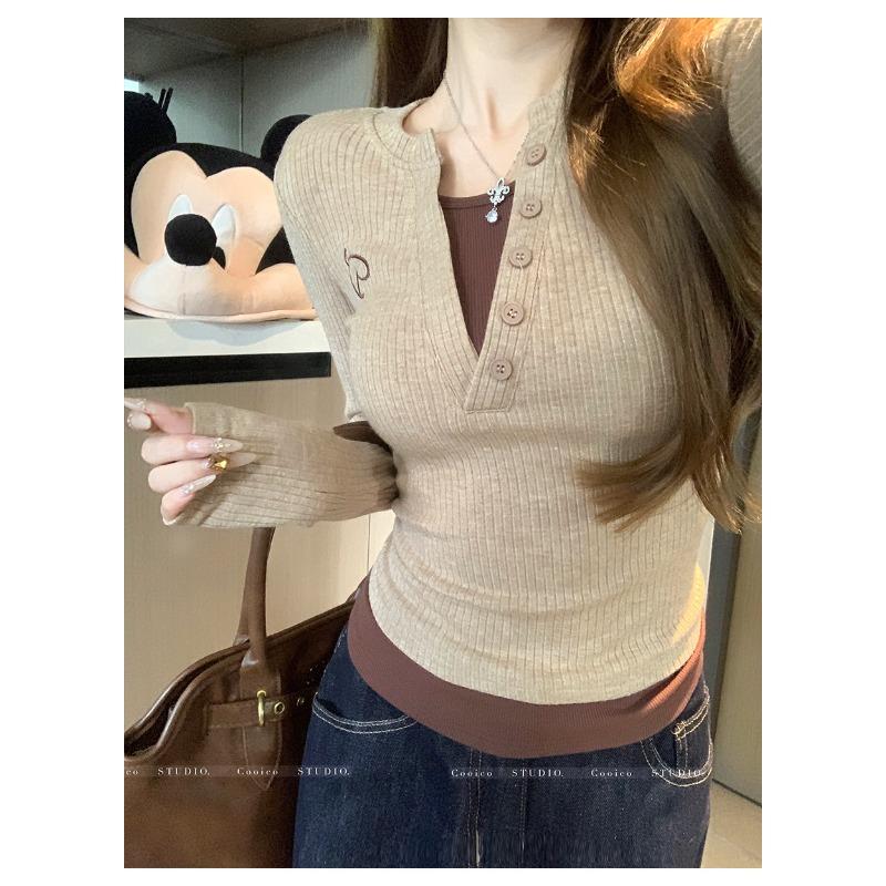 Spring Autumn Fake Two Pieces Casual Fashion Bottomed T-shirt Women Long Sleeve Patchwork Tee Pullover Top