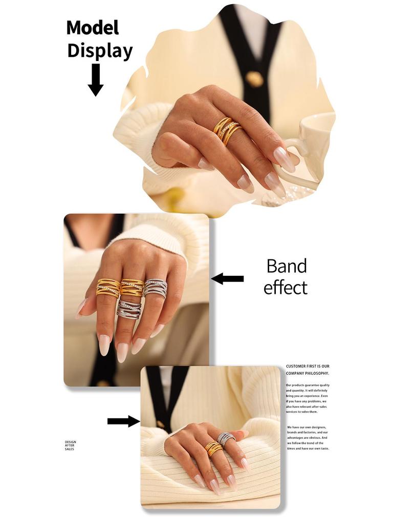 18K Gold-Plated Multi-Layer Twist Cross Diamond Hollow Ring