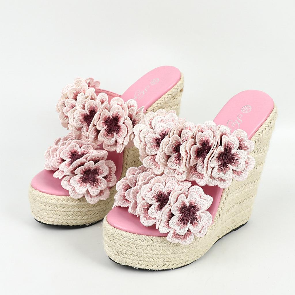 Женские босоножки на платформе, новые соломенные плетеные простые ненавистные скошенные каблуки, водонепроницаемые тапочки на колесиках LFD-10368-A70