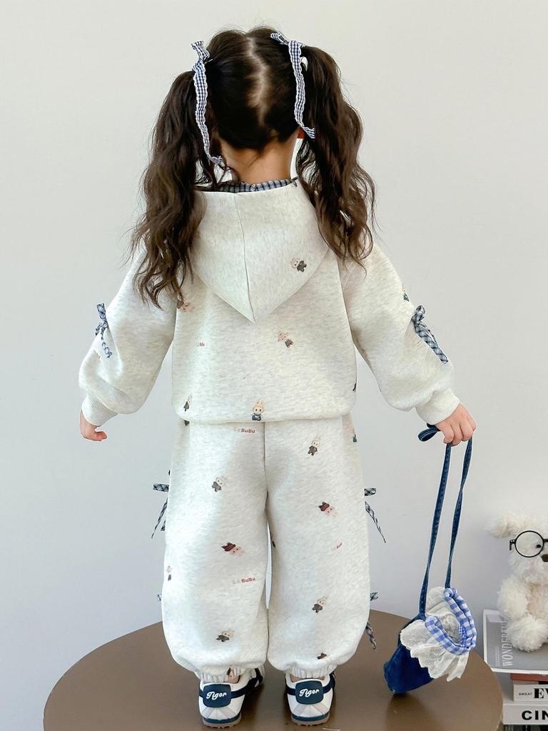 Комплект мультяшной куртки для девочек в корейском стиле: Трендовая спортивная одежда с длинным рукавом и бантом для весны и осени