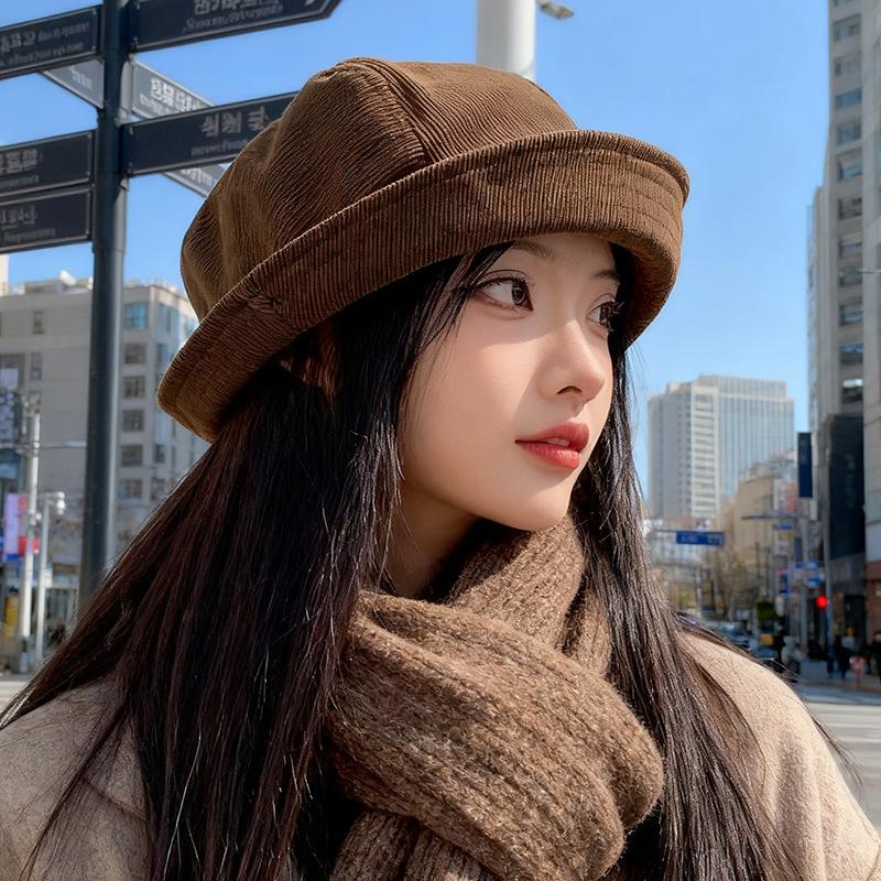 Autumn and Winter Corduroy Fisherman Hat Women's New One Hat Multi Wear Top Hat Casual Versatile Warm Beret Trend
