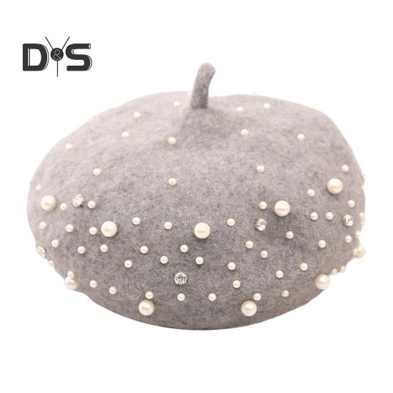 Женский берет с искусственным жемчугом и стразами, винтажная шерстяная шляпа в английском стиле без полей, однотонная, с регулируемыми лямками, кепка-тыква