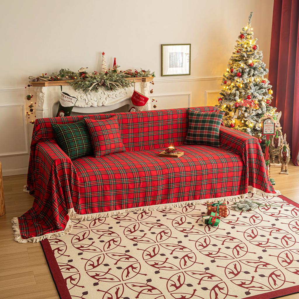 Christmas Plaid Couch Cover with Tassel Washable Sofa Covers Couch Furniture Protector Seat Slipcover Sofa Towel for Living Room