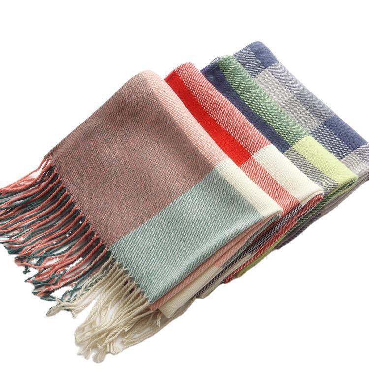 Клетчатый зимний шарф для женщин - шаль с кисточками в корейском стиле из искусственного кашемира