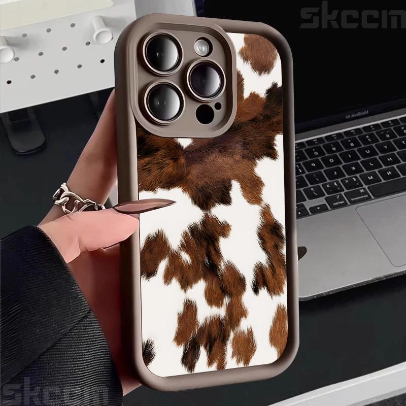 Винтажный чехол для телефона с рисунком под коричневую коровью кожу для iPhone 16 Pro Max 15 14 13 12 11 16E 7 8 Plus X XS XR Матовый ударопрочный мягкий чехол