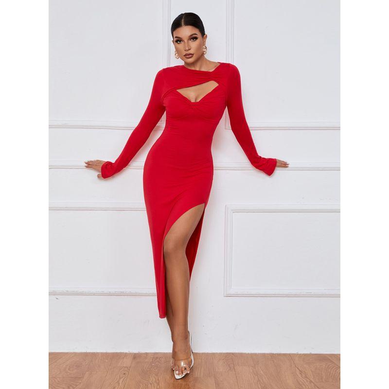 Fall New Arrival Women's Fashion Wind Chest Cut Out Kinky Silm Long Sleeves Dress Sexy High Split Elegant Dress