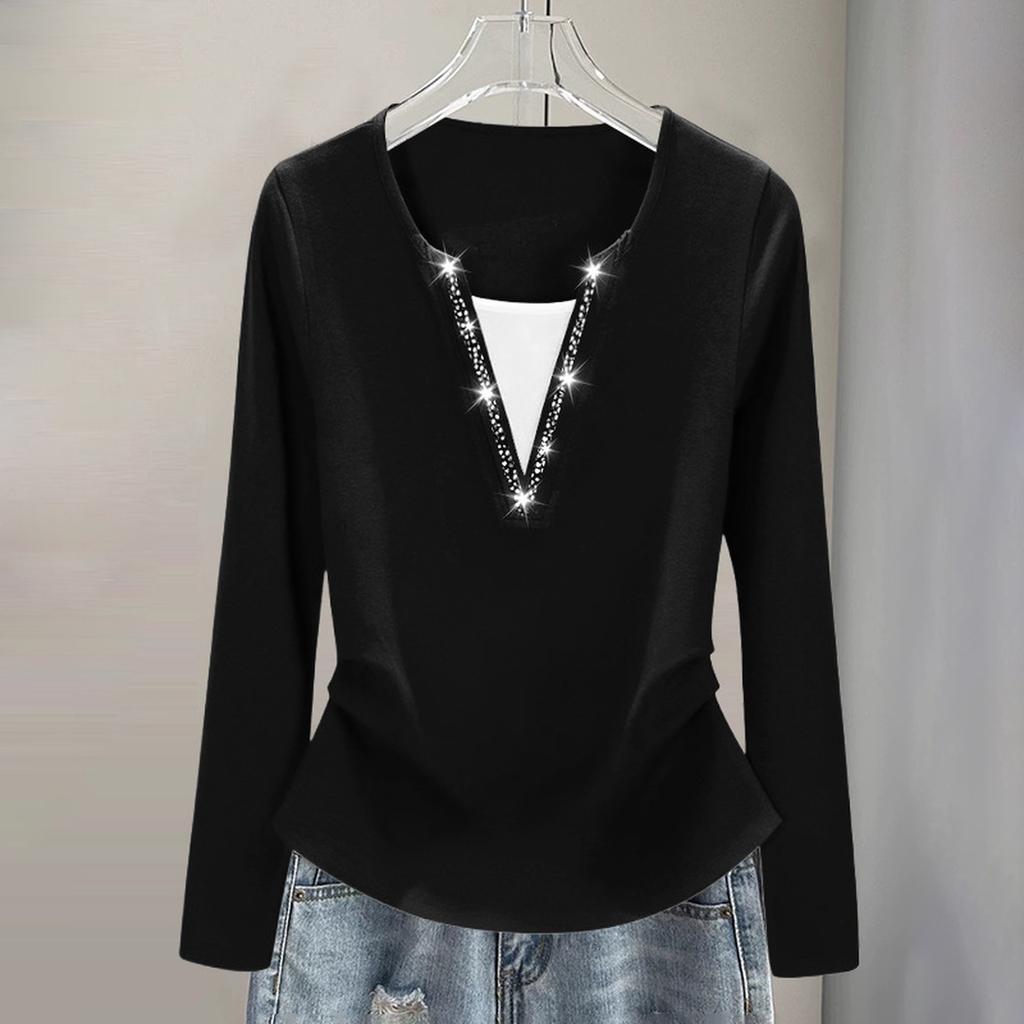 Ladies' Casual Fashion Fake Two-piece Long Sleeved Base Shirt With Rhinestone Hot Stamping T-shirt Plus Size Top