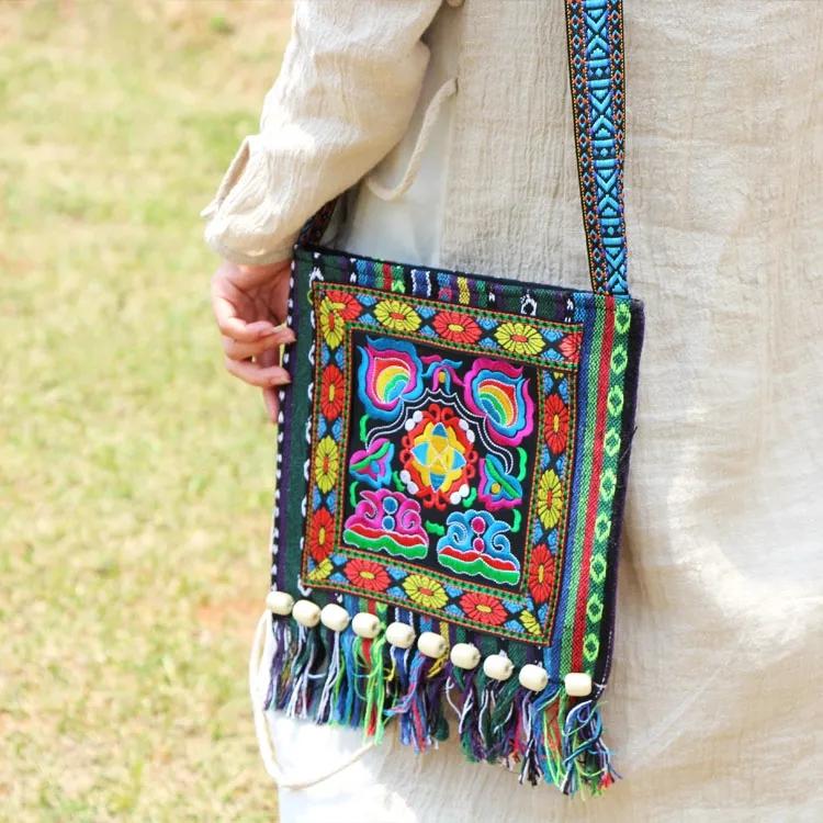 WTEMPO Ethnic Style Embroidered Single Shoulder Bags Women Casual Retro Tassel Leisure Vacation Travel Messenger Bags