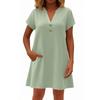 Women's Fashionable Solid Color V Neck Button Short Sleeved Pullover Dress
