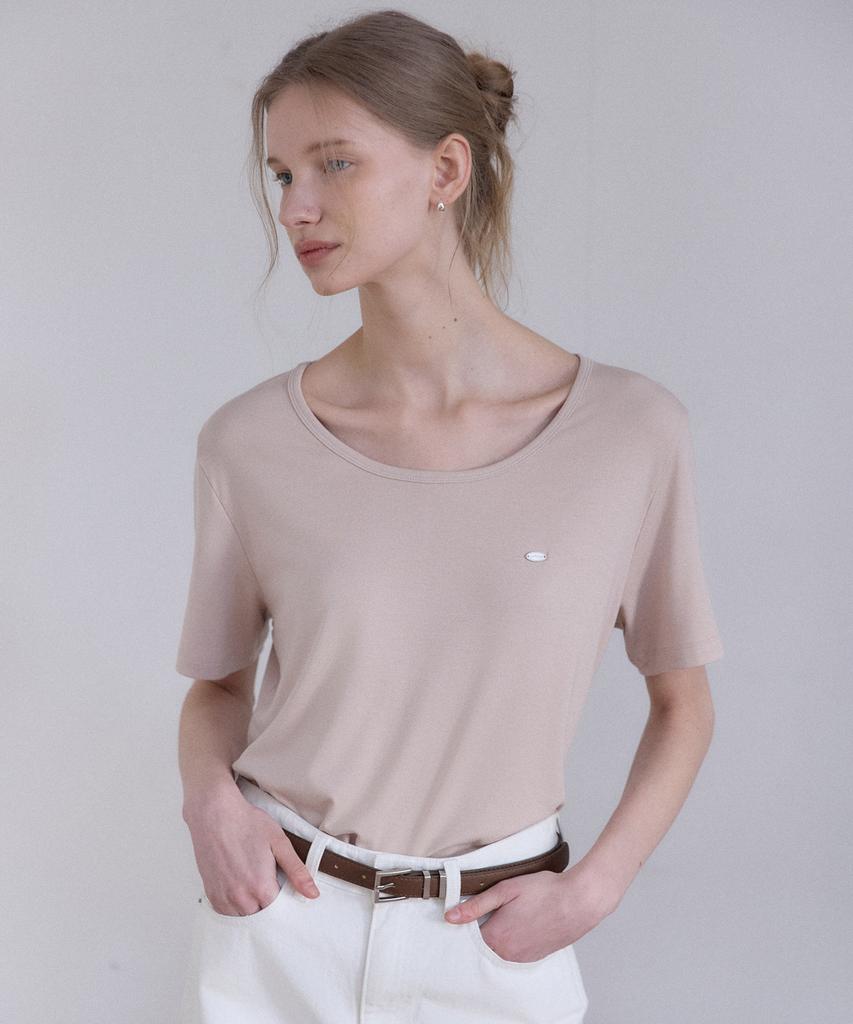 OURHOPE Soft Silky Logo U-Neck T-Shirt - Beige