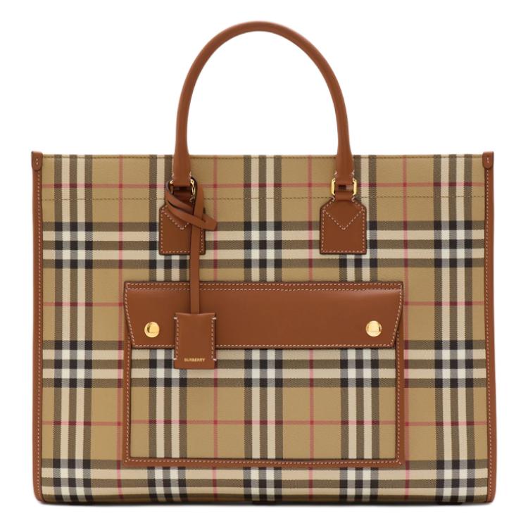 Burberry Винтажная клетчатая сумка-тоут с кожаной отделкой, Роскошная большая рабочая сумка цвета Archive Beige для женщин, Для офиса и ежедневных поездок 80975681