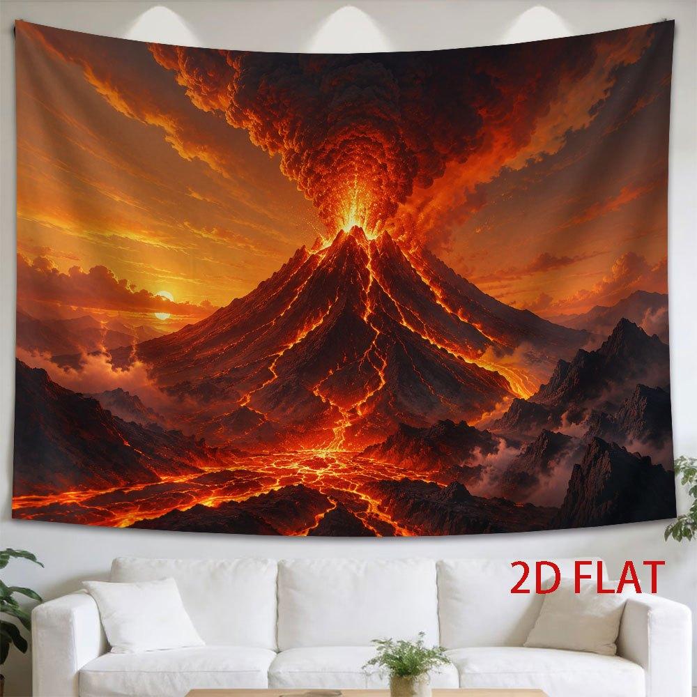 2D Flat, 1pc Horizontal Volcanic Eruption Tapestry Wall Hanging - Fiery Lava Flow & Volcano Landscape Print, Flat Suitable for Decor, Modern Wall, Fab