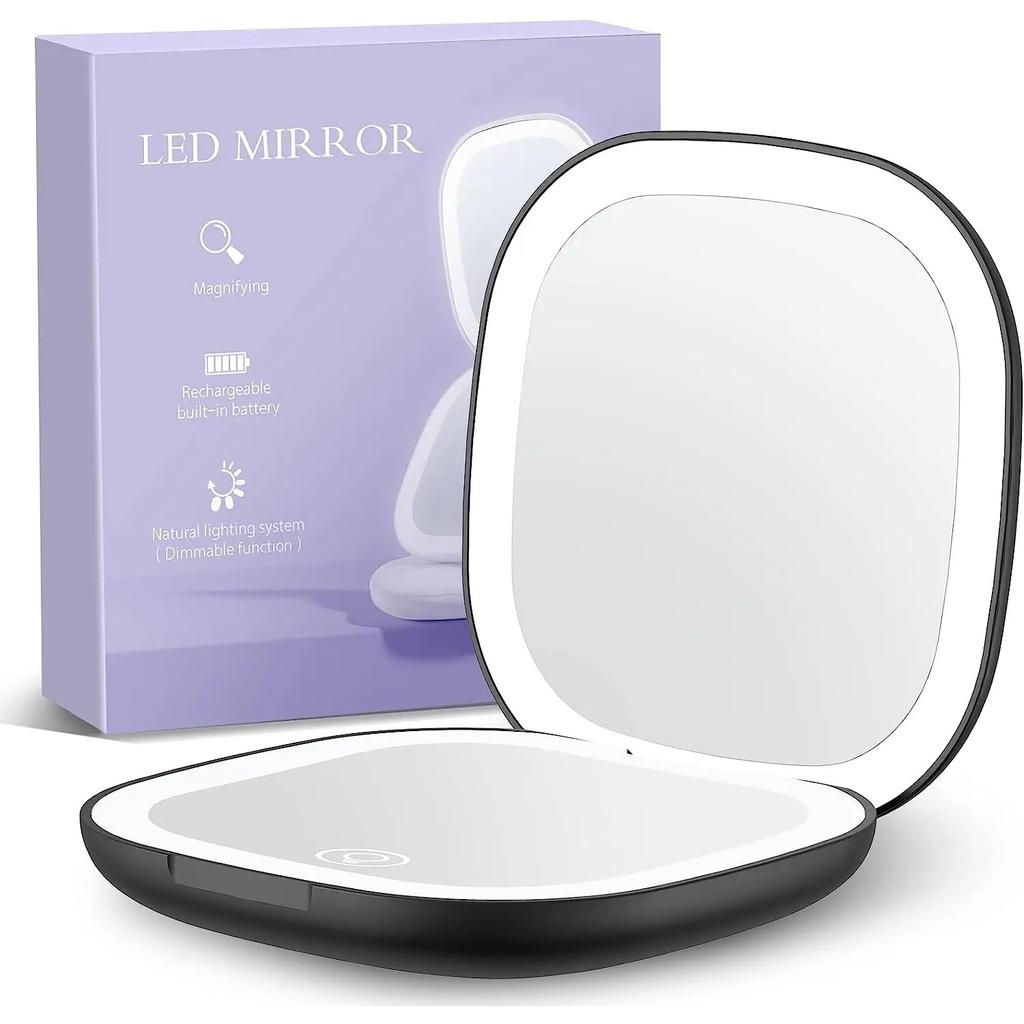 Компактное зеркало с подсветкой, дорожное зеркало для макияжа с 1X/5X увеличением, двухстороннее, 3 цвета, регулируемая яркость, портативное карманное зеркало для сумочки