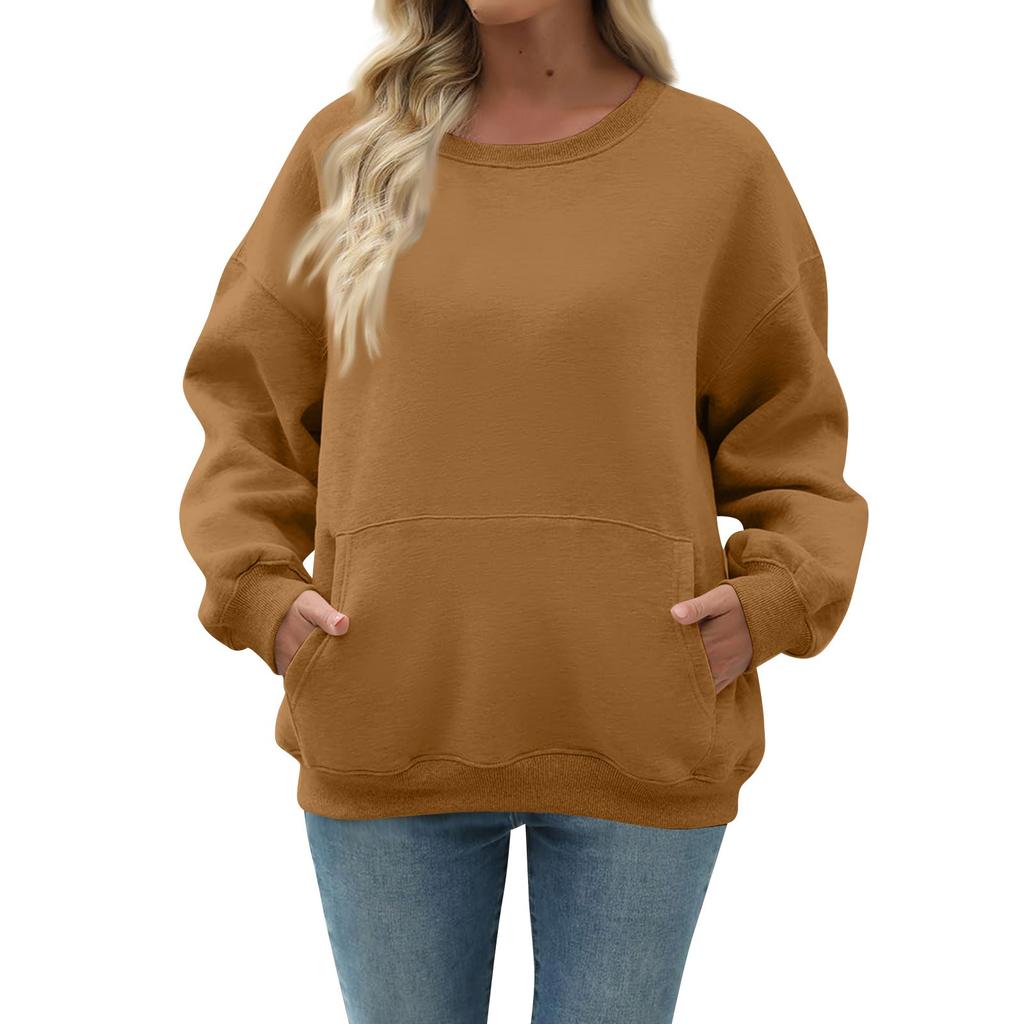 Women's Casual Fashion Long Sleeve Solid Color Round Neck Sweatshirt Top With Pocket
