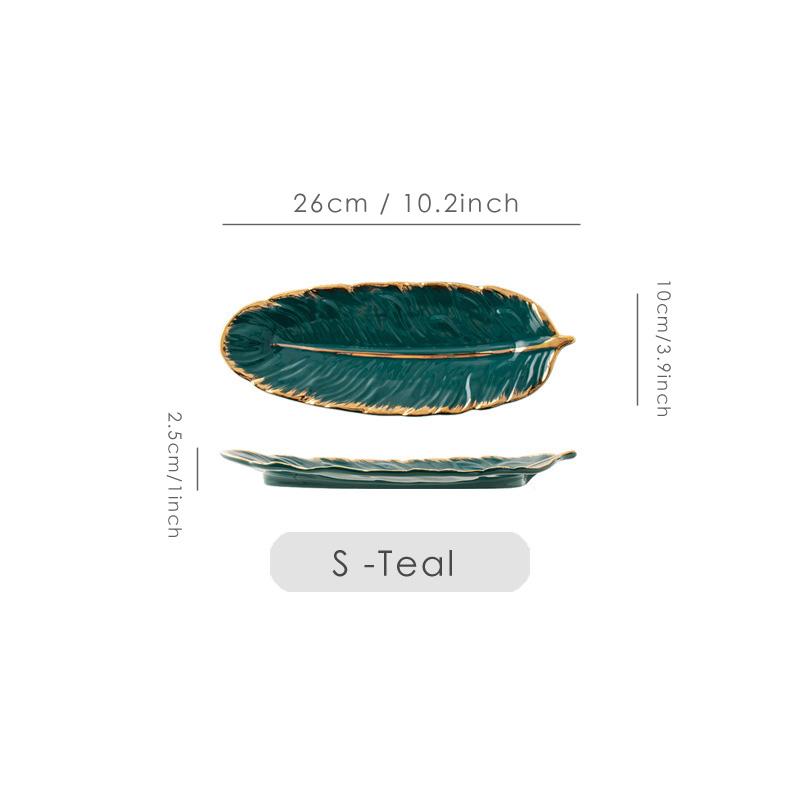 Gold Plating Ceramic Plate Set Fashion Feather Design Jewelry Tray Tableware Accessories Dim Sum Fruit Plate Kitchen Dining Dish