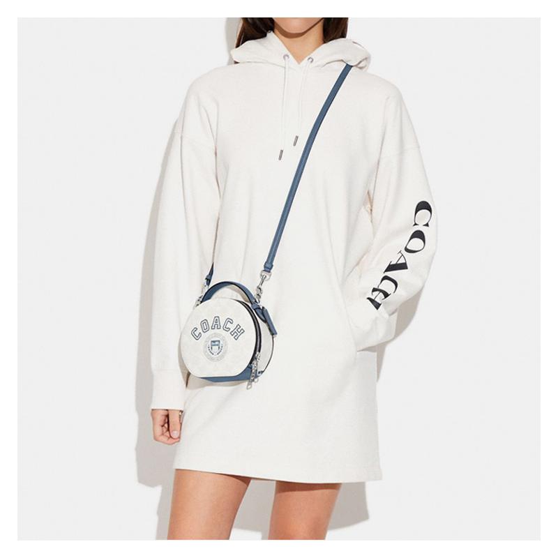 COACH Canteen 18 double zipper monogram print, artificial leather, hand-held crossbody bag, medium size, women's, chalk white with indigo blue