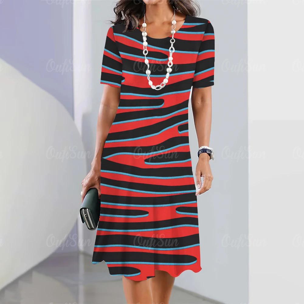 Summer Woman Dresses Women's Round Neck Short Sleeves Clothing Irregularly Streak Print Dress Clothing Loose Pullover Streetwear