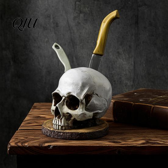 Durable Resin Knife Block Skull Holder, Spooky Skeleton Head Stand with 7 Organizer Slots, Halloween Horror Cutter Rack for Gothic Kitchen Countertop