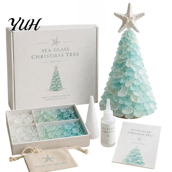 Ocean Inspired Holiday Ornaments DIY Sea Glass Christmas Tree Art Kit, 3D Coastal Xmas Craft Kit Beach Theme Home Decorations with Pieces, Handmade