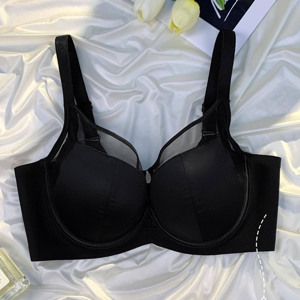 satin new large-breasted small underwear women's thin cup without side bone soft steel ring support gathering bra cover women