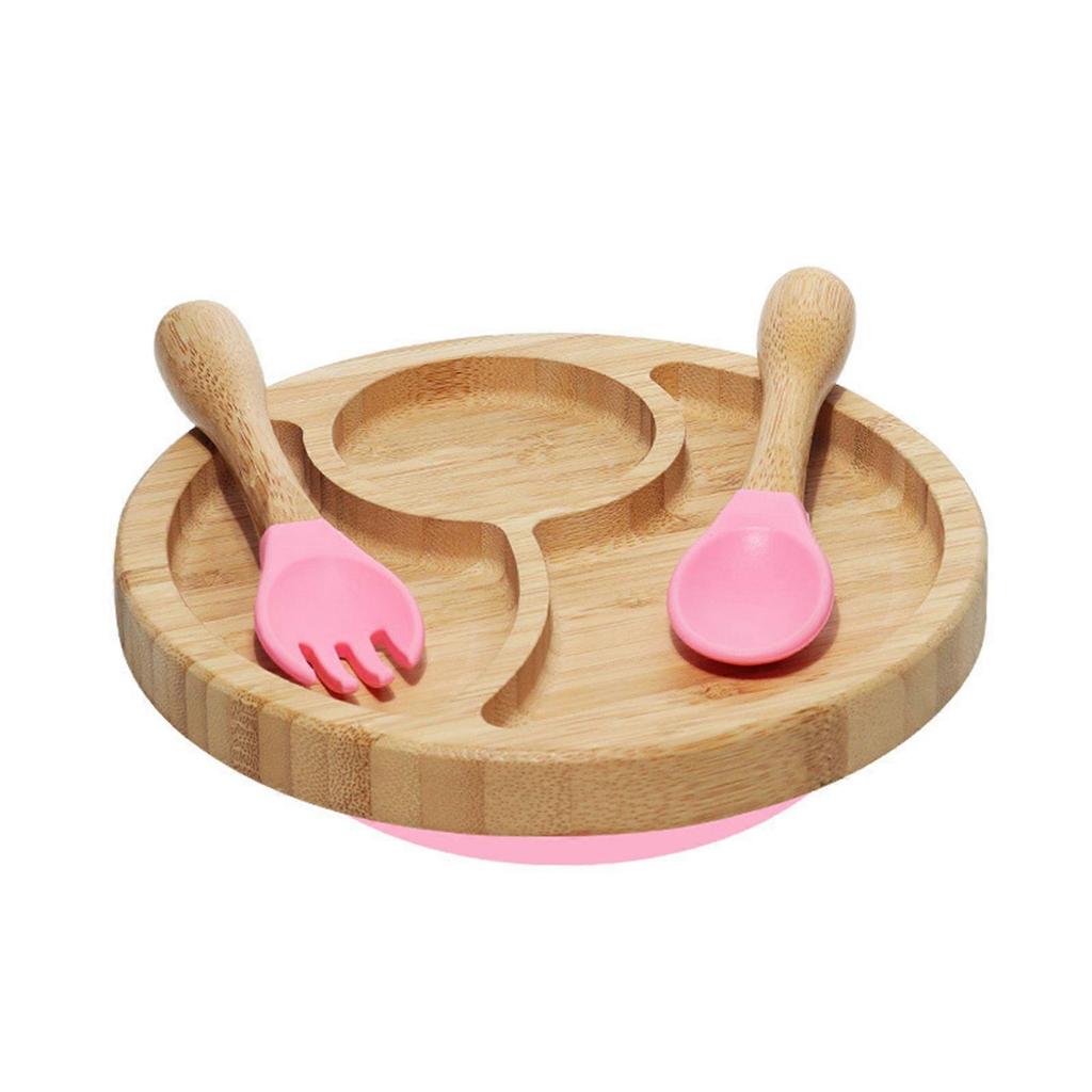 Children Divided Plate Baby Self-feeding Spoon Fork Un-breakable Suction Plate Nursing Bowl Eco-Friendly Bamboo Dishware Pink
