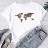 (Asian Size) Women Print Tee Top Floral World Map Cute Lovely Fashion T Shirt Woman Female Clothing Short Sleeve Graphic T-shirts