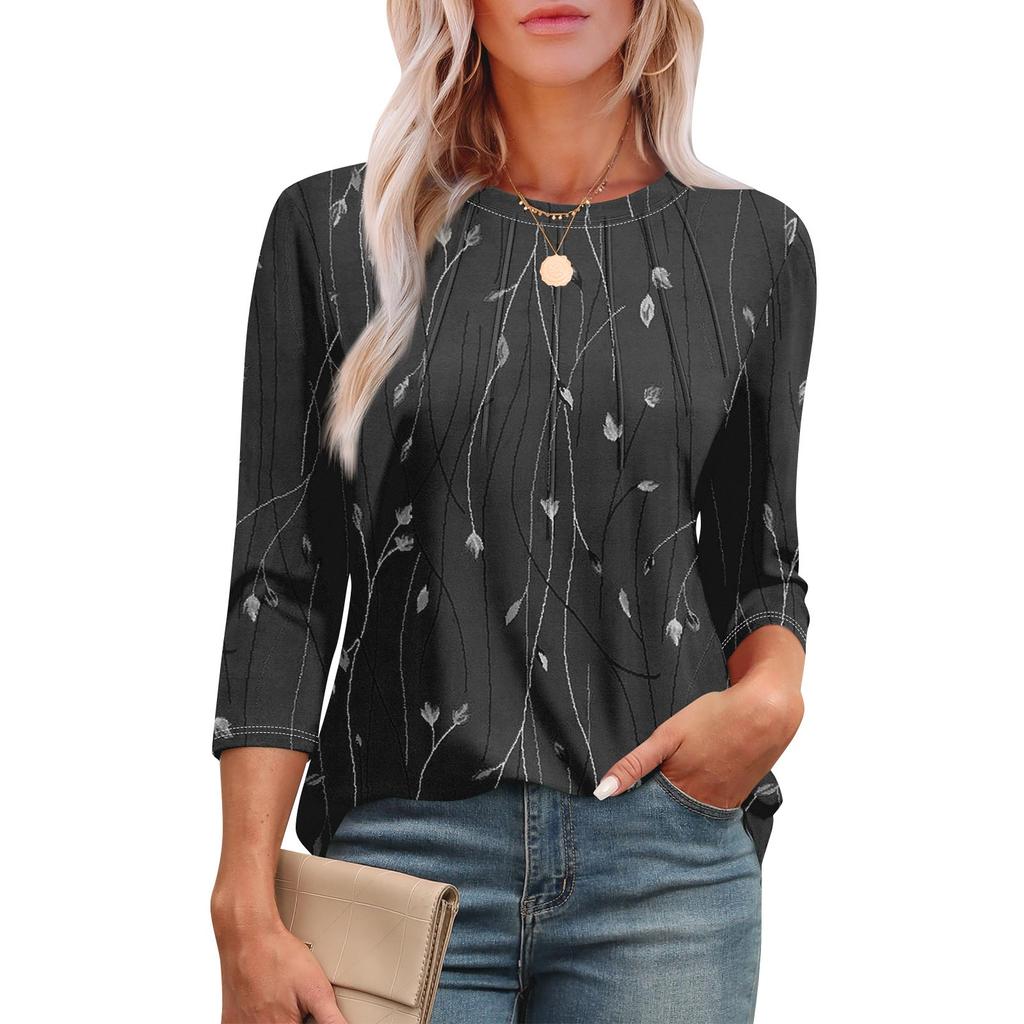 Женская модная футболка с круглым вырезом и рукавом 3/4 с принтом, повседневная, базовая, плиссированная, пуловер