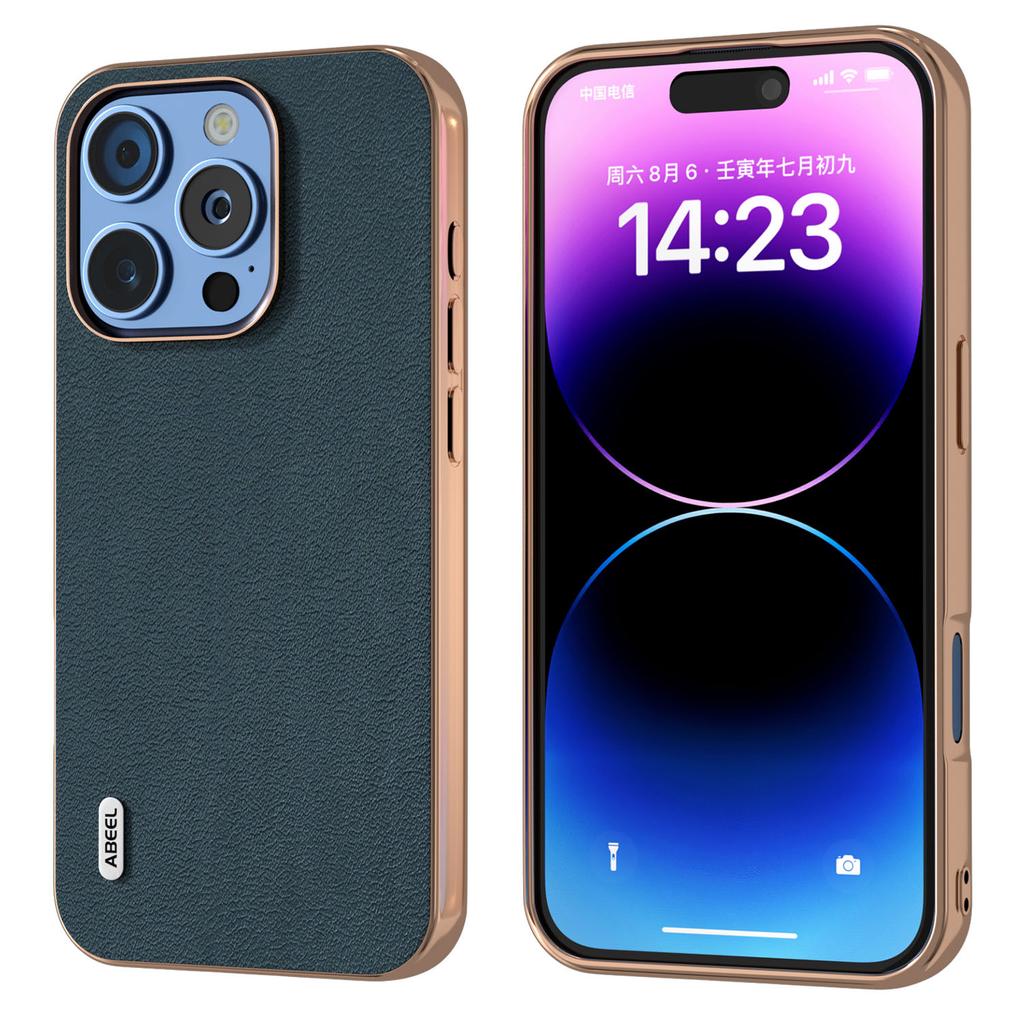 ABEEL For iPhone 16 Pro Case Electroplating Edge Genuine Cow Leather+PC+TPU Phone Cover
