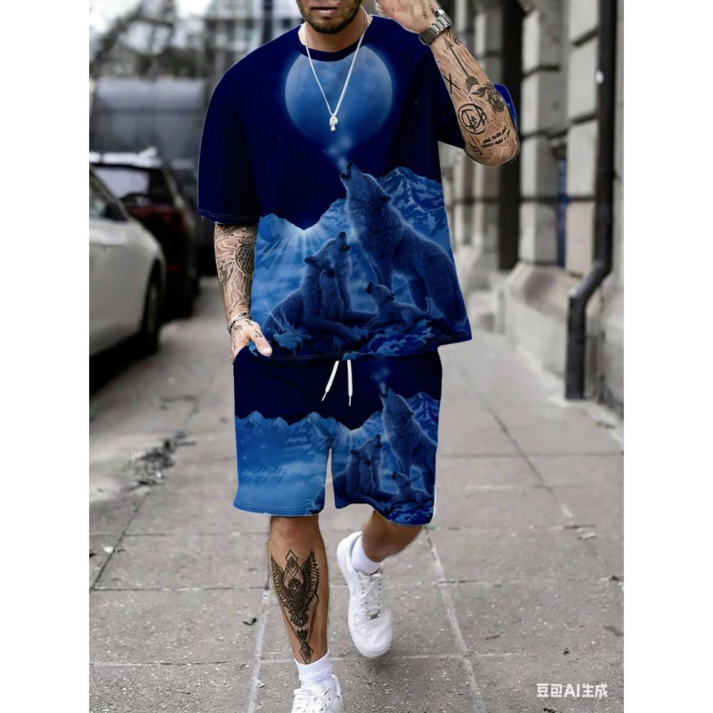 Мужской комплект: футболка с коротким рукавом и шорты с принтом «Звездное небо и стая волков»