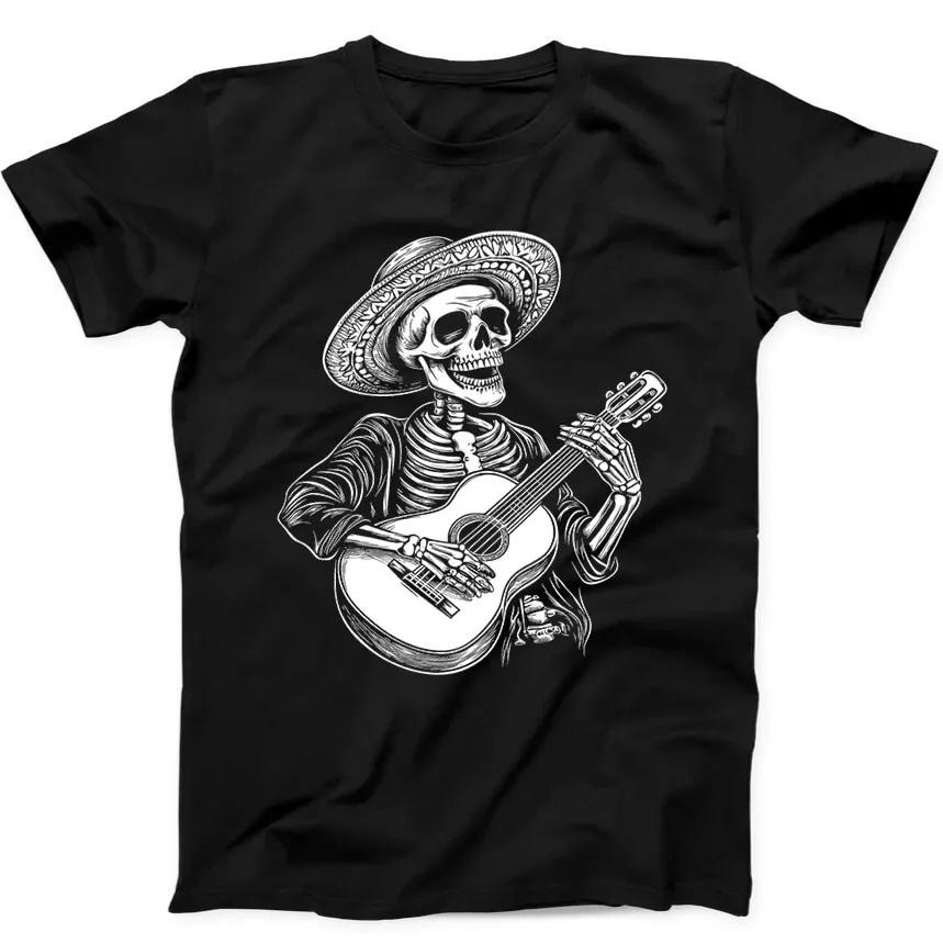 Guitar Player Skull Skeleton Mexican Hat Mexico Funny Gift Black T Shirt 256