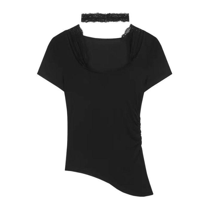 Niche fashion pure desire style neck lace design sense short sleeve T-shirt hot girl sexy irregular versatile top ins