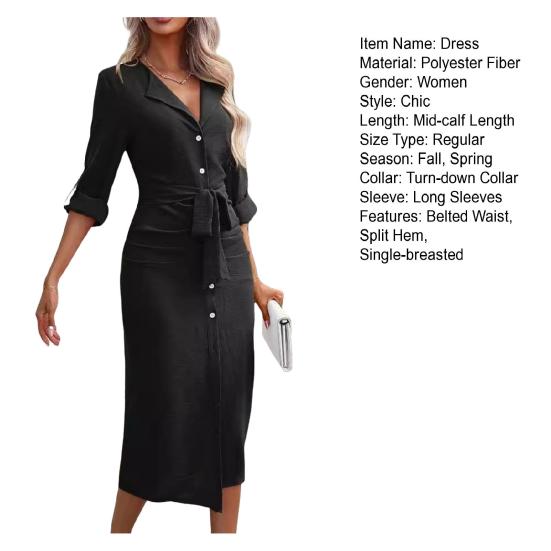 Lady Commuting Dress Turn-down Collar V Neck Lace-up Belted Waist Dress Single-breasted Long Sleeves with Cufflink Split Hem OL Office Midi Dress