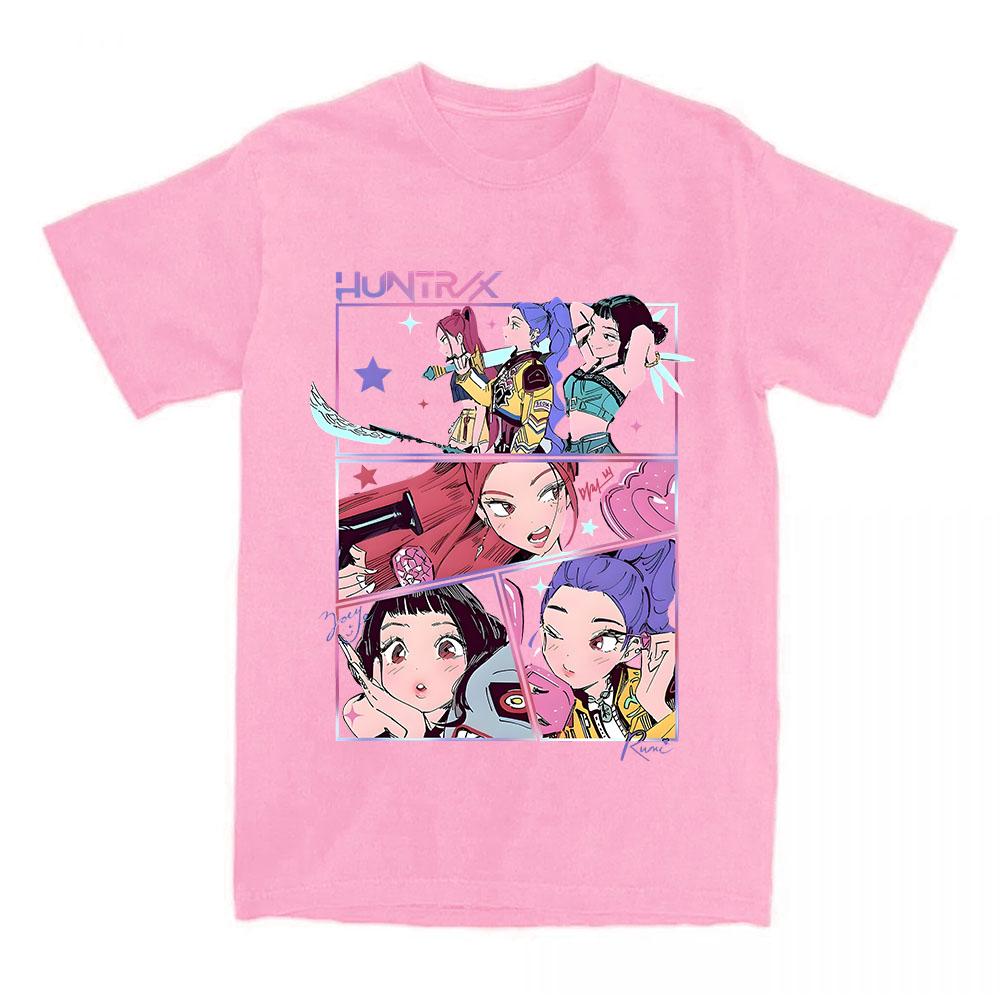 Kpop Охотники на демонов Huntrix Girls Футболка с коротким рукавом Хлопок Мода Графическая футболка Повседневный Хлопок Свободная Женская Футболка Уличная одежда