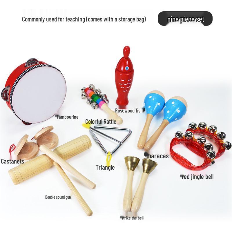Детские музыкальные инструменты Орфа: Треугольник, Кастаньеты, Маракасы, Бубен, Деревянные бруски, Тарелки