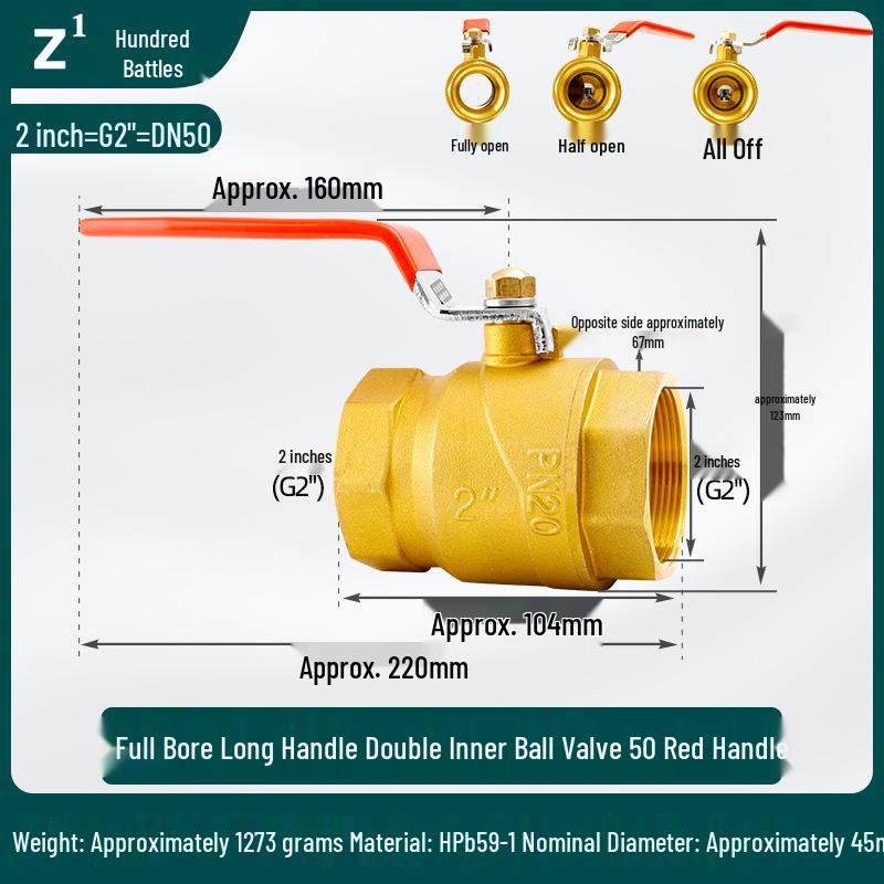 Brass Double Female Thread Ball Valve with Long Handle, Thickened for Water Heating, Available in Sizes: DN25, DN32, DN40, DN50.